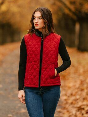 Zara Diamond Quilted Full Zip Vest Red Pockets 6518 452 800 Womens M